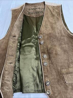 German Alpine Leather & Linen & Suede Vest. Traditional Horn buttons.